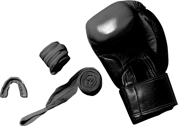 A pair of boxing gloves, wraps, and a mouthguard. These are meant to symbolize the complexing proteins found in XEOMIN