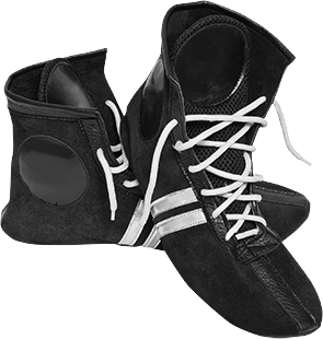 A pair of black boxing shoes with white strings